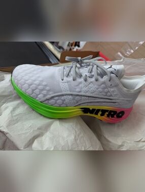 Puma White Athletic Shoe with Neon Green and Pink Gradient Sole 10.5